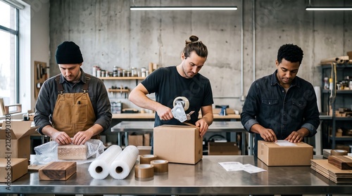 Workers packing orders in a modern e-commerce warehouse