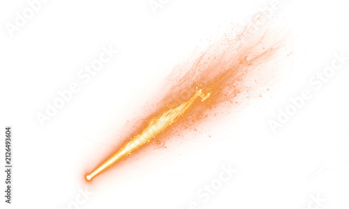 Abstract glowing orange light beam trail with magical fire particles isolated on transparent background