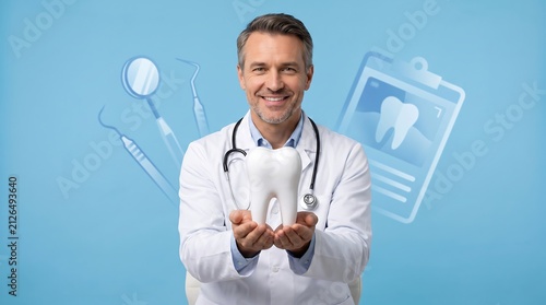 Friendly Male Dentist Holding Large Tooth Model on Blue Background