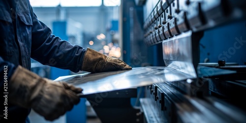 Metal sheet bending machine and factory worker showcasing precision metal fabrication, press brake operation and sheet metal forming, representing industrial manufacturing and heavy technology