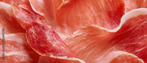 Spanish Jamon Serrano Layered Waves in Panoramic Macro Food Background