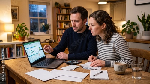 Couple reviewing financial data on laptop at home table with calculator and papers