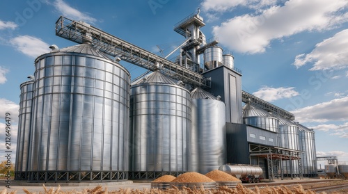 Grain storage. Modern grain elevator with steel silos stores, dries, and processes harvested crops for agricultural logistics, food production, and global grain supply chains.