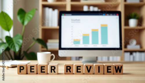 Research assessment desk with PEER REVIEW blocks below a chart monitor for reviewer scoring, scholarly reports, paper validation and academic workflow.