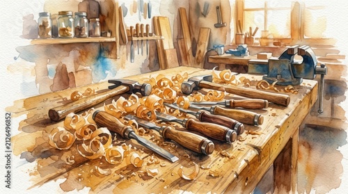 Watercolor workshop table with woodworking tools and chisels