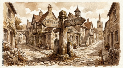 Historic old church street in a quaint English village
