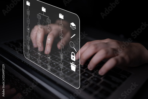 Foto Innovative Digital Workspace Concept Featuring Hands on Laptop with Overlay of File Management and Security Icons