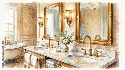 Elegant luxury bathroom interior with gold fixtures and mirrors