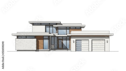 Architectural front elevation drawing of a modern two-story house.