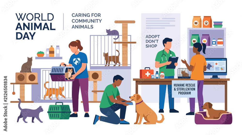 Fototapeta premium World Animal Day Volunteer Care and Adoption Program Illustration