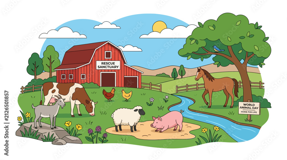 Naklejka premium Cartoon Farm Animal Sanctuary Illustration with Barn and Landscape