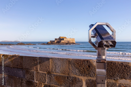 Fort National Viewed from Saint Malo Seawall with Public Binoculars, France