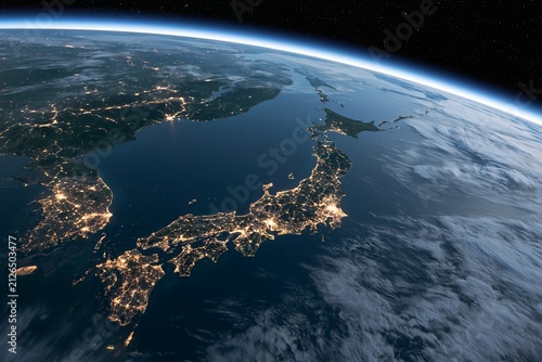 宇宙空間から俯瞰する日本の美しい夜景