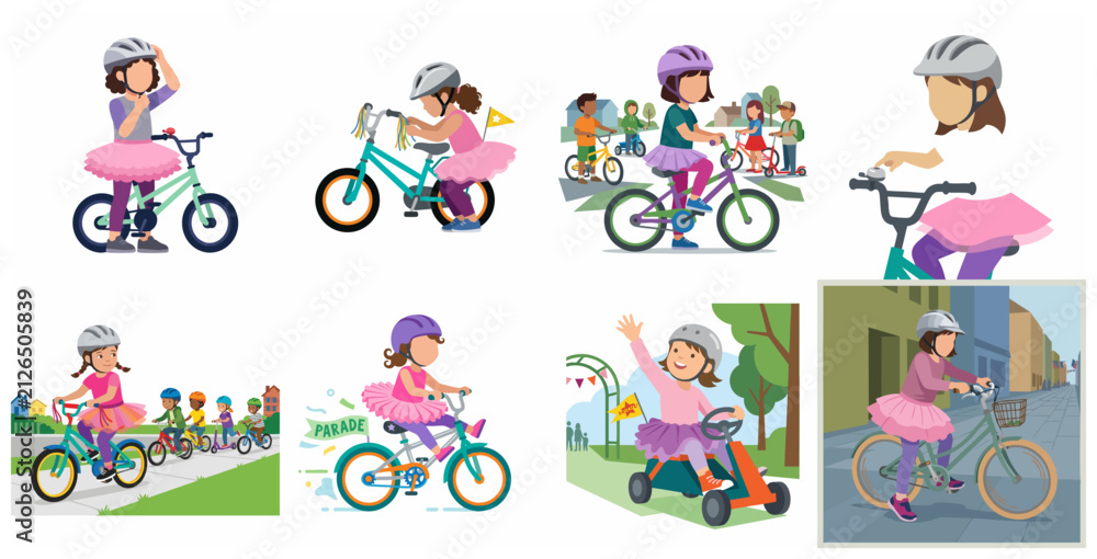 Fototapeta premium Set of flat vector illustrations featuring cute children riding bicycles and scooters in outdoor settings wearing helmets for safety