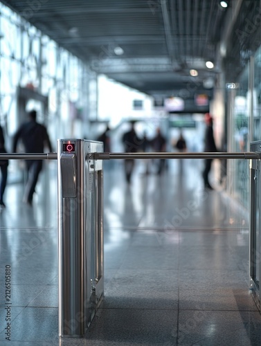 Modern Turnstile with Red Indicator in Busy Transit Hub