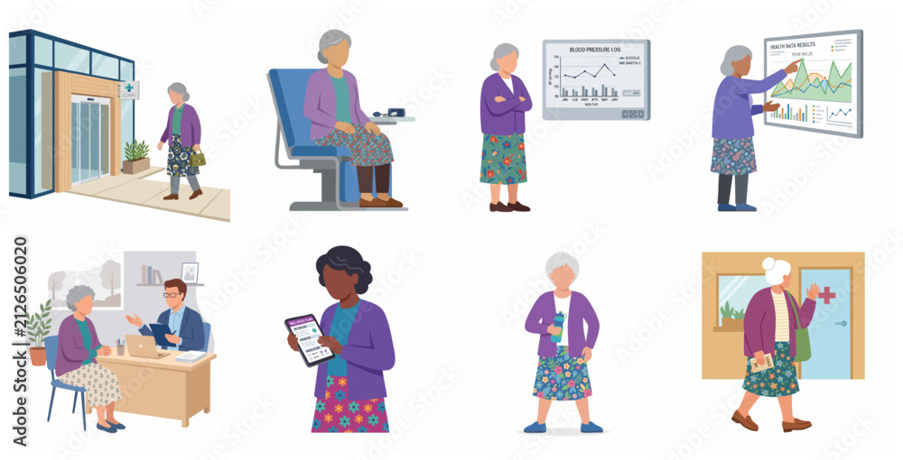 Fototapeta premium Senior women health care flat vector illustration set featuring medical checkups, clinic visits, health data tracking, and doctor consultations.