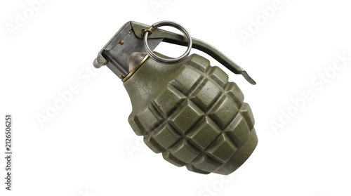 Cuadro en lienzo Realistic military hand grenade held at angle with steel pin and handle isolated on transparent background png