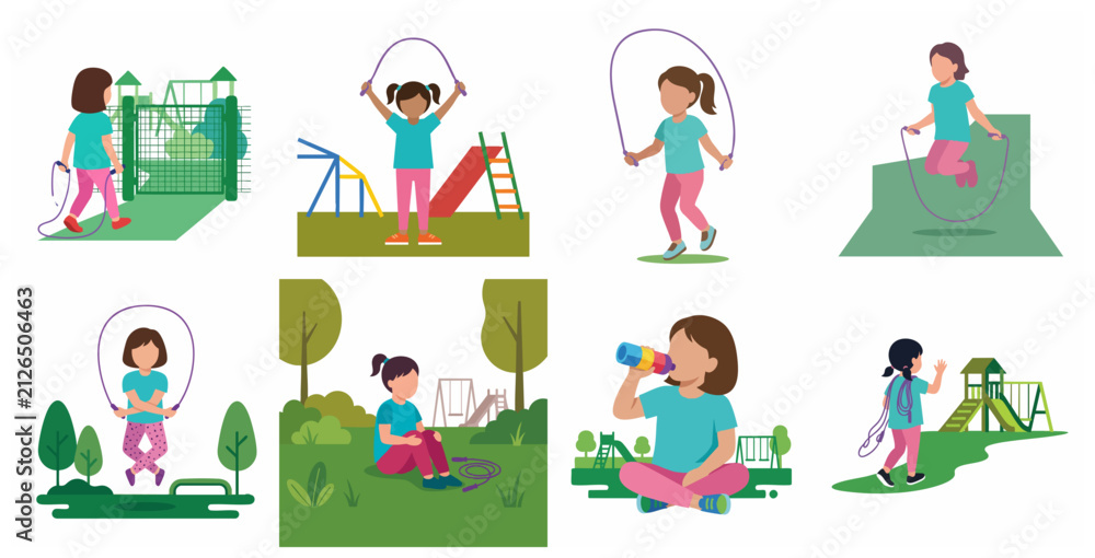 Fototapeta premium Vector illustration set of a little girl skipping rope and playing at the park playground