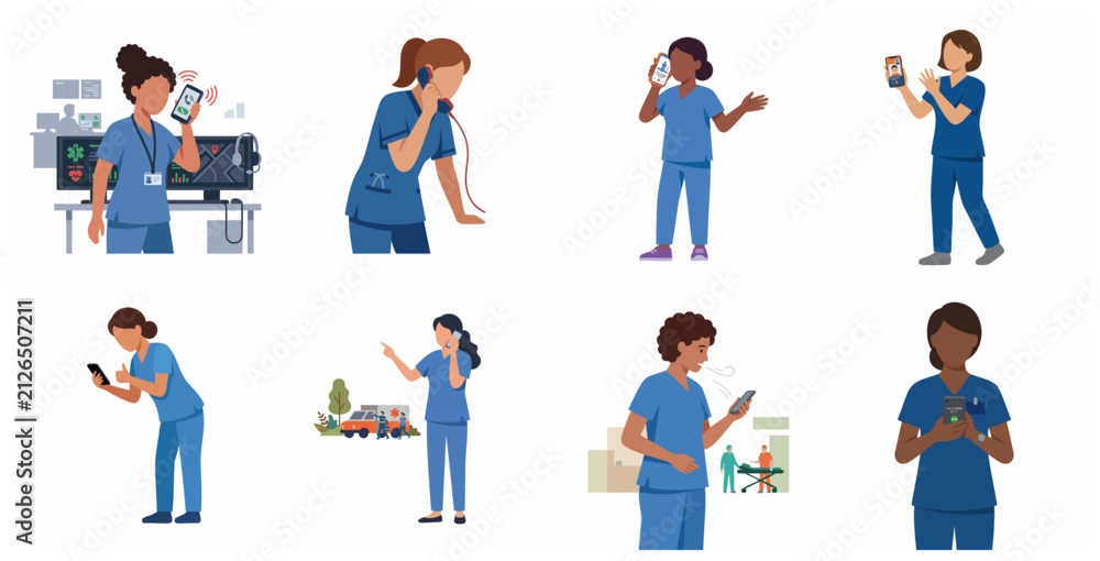 Fototapeta premium Set of diverse female nurses and medical staff using smartphones for healthcare communication and emergency services