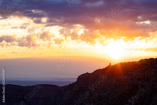 western glowing sunset over the Grand Canyon
