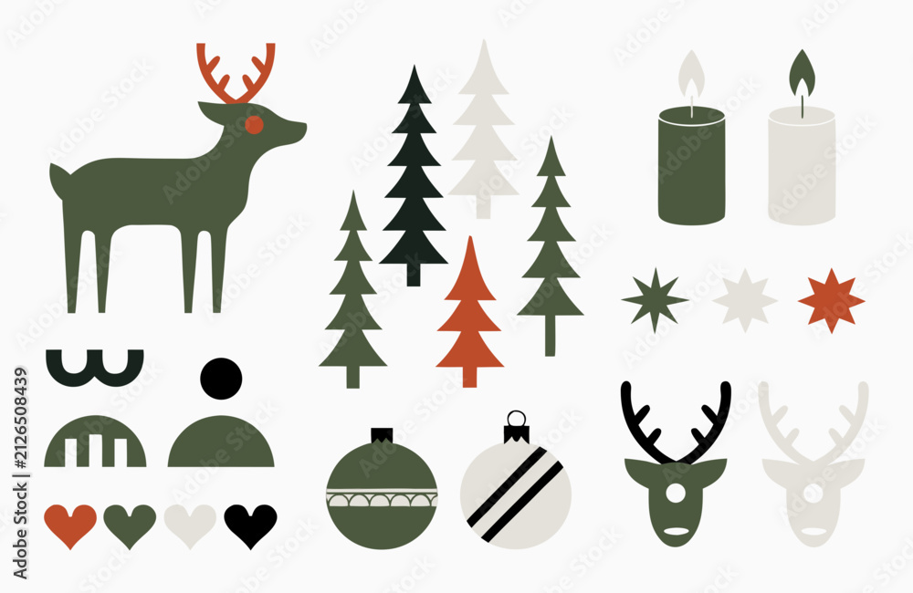 Fototapeta premium Minimalist christmas icon set with reindeer trees candles ornaments and festive holiday elements in flat vector style