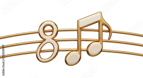 Vector illustration of golden musical note symbol and number eight on a staff on a transparent background