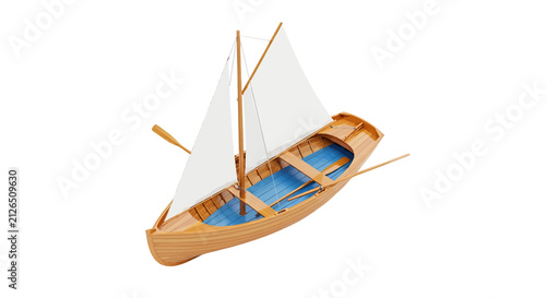Vector illustration of wooden sailboat with white sails on a transparent background