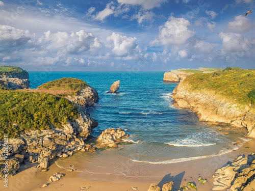 Seascape in the morning. Rocky sea coast. Beach Playa de Buelna, Asturias, Spain