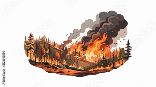 Photography Vector illustration of a blazing forest wildfire in a stylized landscape