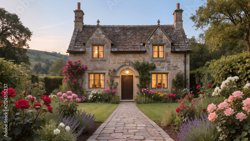 Beautiful stone countryside cottage with warm window light surrounded by a blooming summer garden