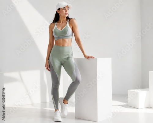 Fit Young Woman in Stylish Activewear Standing in Bright Minimalist Studio, Modern Fitness Fashion and Healthy Lifestyle Concept