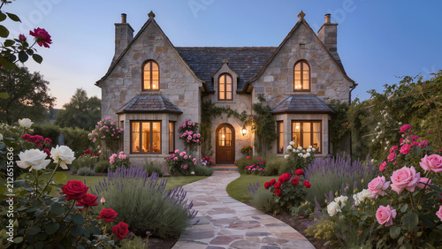 Beautiful stone countryside cottage with warm window light surrounded by a blooming summer garden