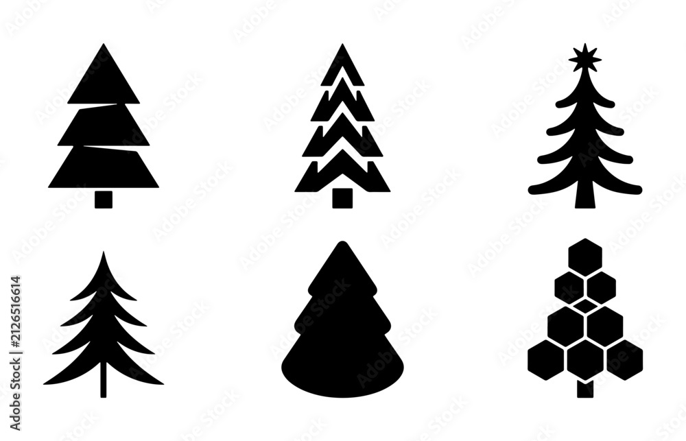 Fototapeta premium Six Black Christmas Tree Icons, Festive Vector Set for Holiday Design, Winter Celebration Graphics