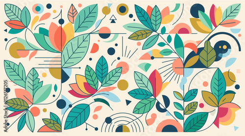 Modern botanical vector illustration featuring geometric foliage patterns with vibrant soft colors and abstract shapes arranged in a stylish flat design composition perfect for digital backgrounds 