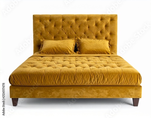 Mustard yellow velvet sofa bed with tufted cushions, isolated on white background
