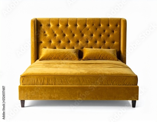 Mustard yellow velvet sofa bed with tufted cushions, isolated on white background

