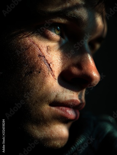 Wounded Resolve: Intense Portrait with Facial Scar