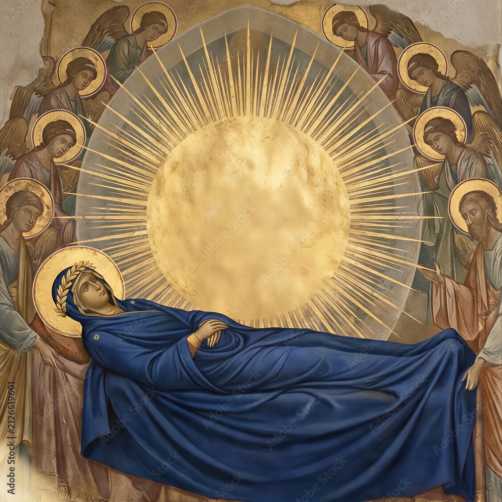 Obraz premium Dormition of the Mother of God icon depicting a woman lying in rest surrounded by angels and a radiant sun. Orthodox religious painting representing Mary in sleep at her death event.