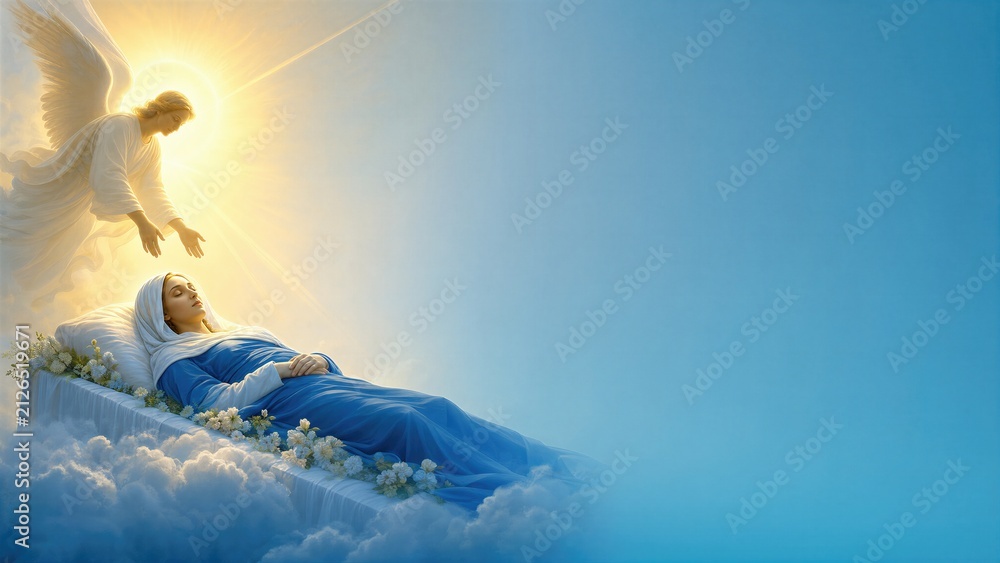 Obraz premium Virgin Mary lying on bed in Dormition with angel appearing above her. Artistic representation of holy assumption of Saint Mary into heaven. Religious Christian spiritual scene.