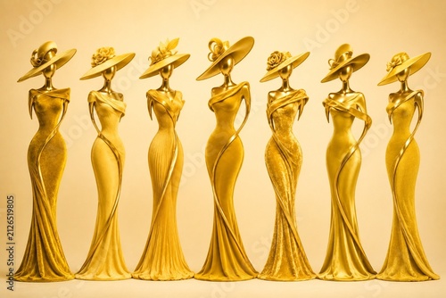 Yellow Luxury Couture Mannequins with Elegant Hats on Cream Background. Sophisticated Female Silhouettes.