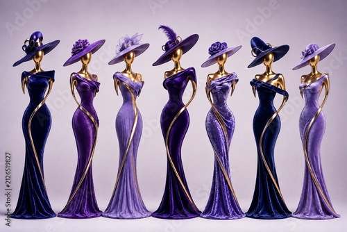 Purple Luxury Couture Mannequins with Elegant Hats on Cream Background. Sophisticated Female Silhouettes.