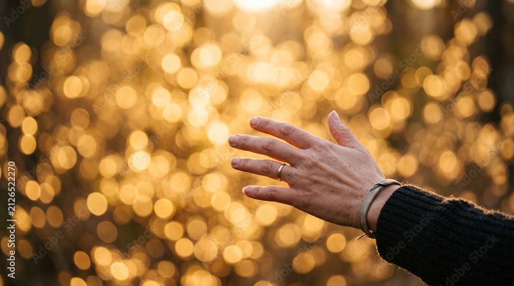 Obraz premium Close up of a hand with a wedding ring reaching out towards a warm golden bokeh background during sunset