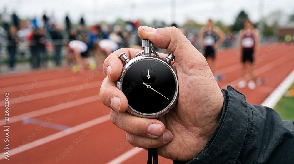 Obraz premium Close up of a hand holding a stopwatch on a running track with athletes in the background