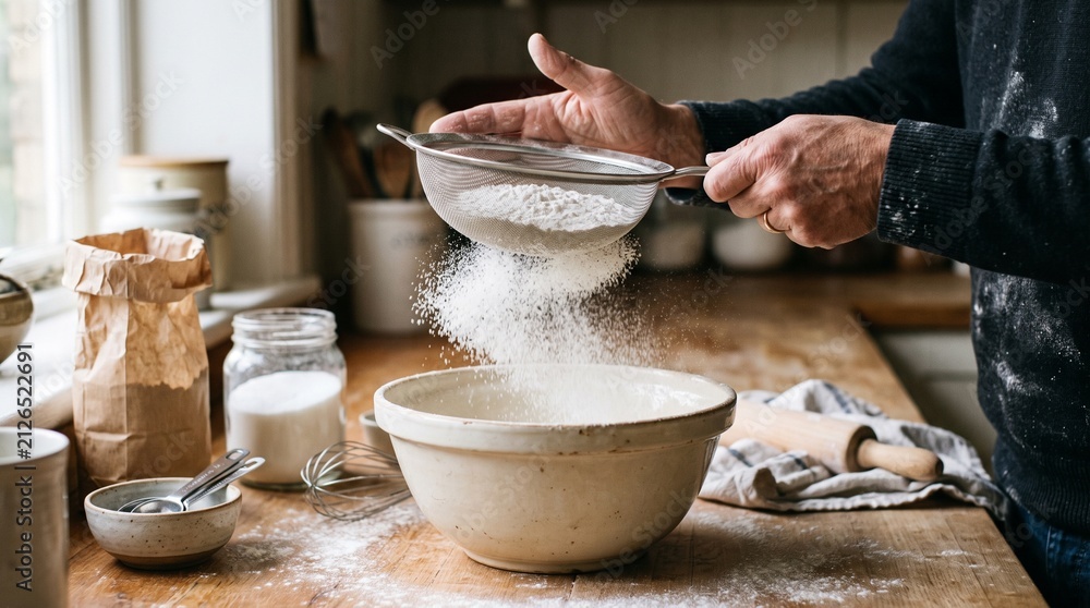 Fototapeta premium Baker sifting flour into a bowl preparing dough for baking in a rustic kitchen setting
