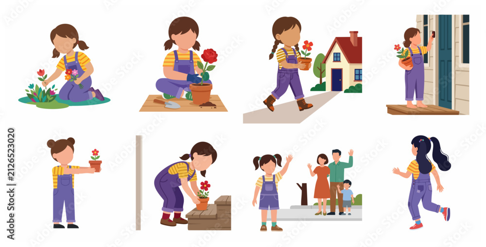 Fototapeta premium Set of Flat Vector Illustrations of a Little Girl Gardening and Planting Flowers
