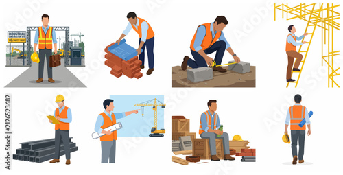 Set of Construction Worker and Professional Engineer Characters in Various Work Site Activities Vector Illustration