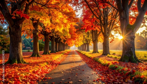 Autumn forest path with golden leaves and sunlight.