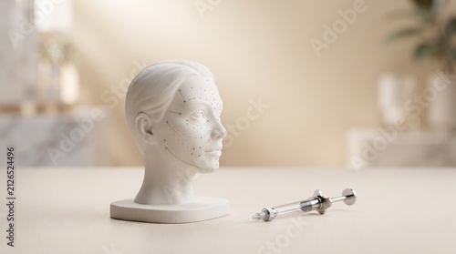 Facial sculpture with cosmetic syringe. Aesthetic medicine and anti-aging filler concept.