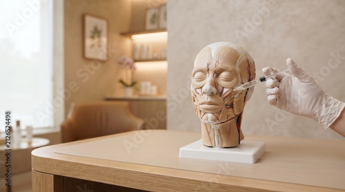 Cosmetic injection training on anatomical model. Doctor practicing facial filler procedure.