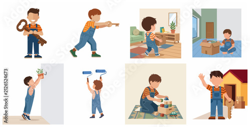 Vector set of a cute little boy moving into a new home, painting walls, carrying boxes, and playing.